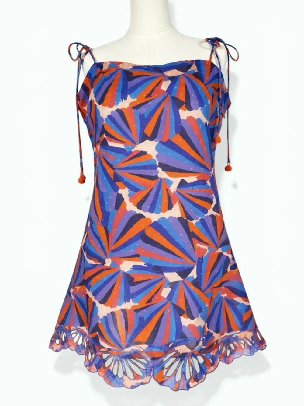 Farm Rio Seashell Print Mini Dress Embroidered Scallop Hem Cotton Size XL - Picture 2 of 11